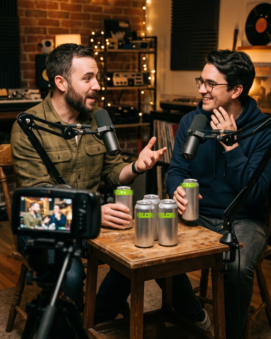 Two podcast hosts at a small table with four PELORA branded cans, a camera in the foreground