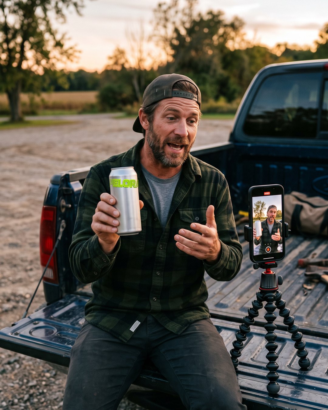 Man on a truck tailgate at sunset reviewing a can to a phone on a small tripod