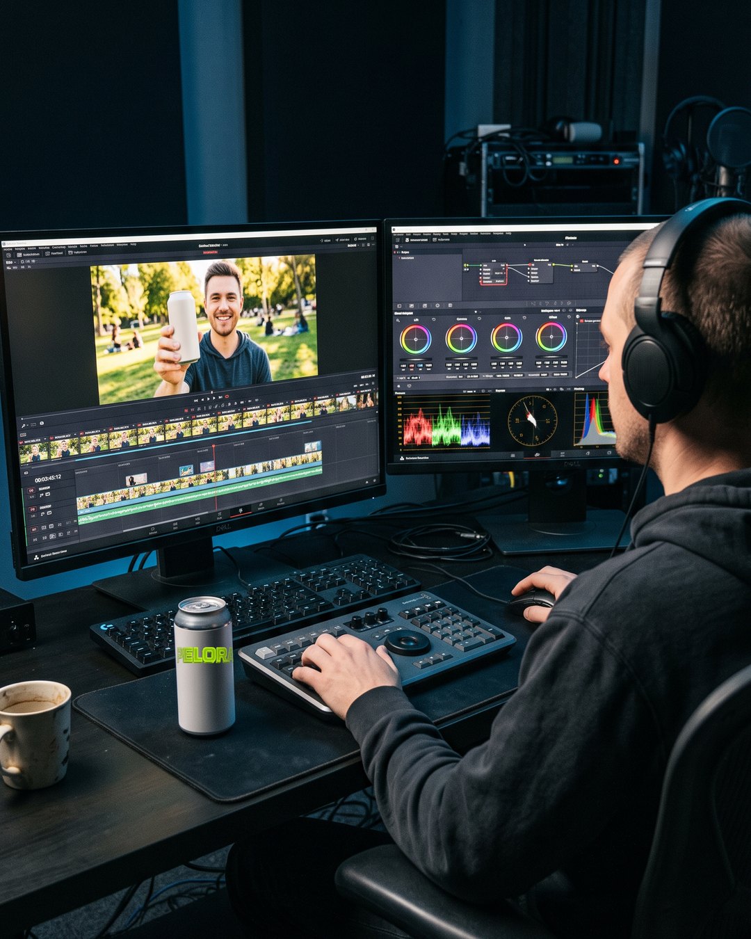 Editor at a two monitor color grading desk cutting a creator video, a can beside the keyboard