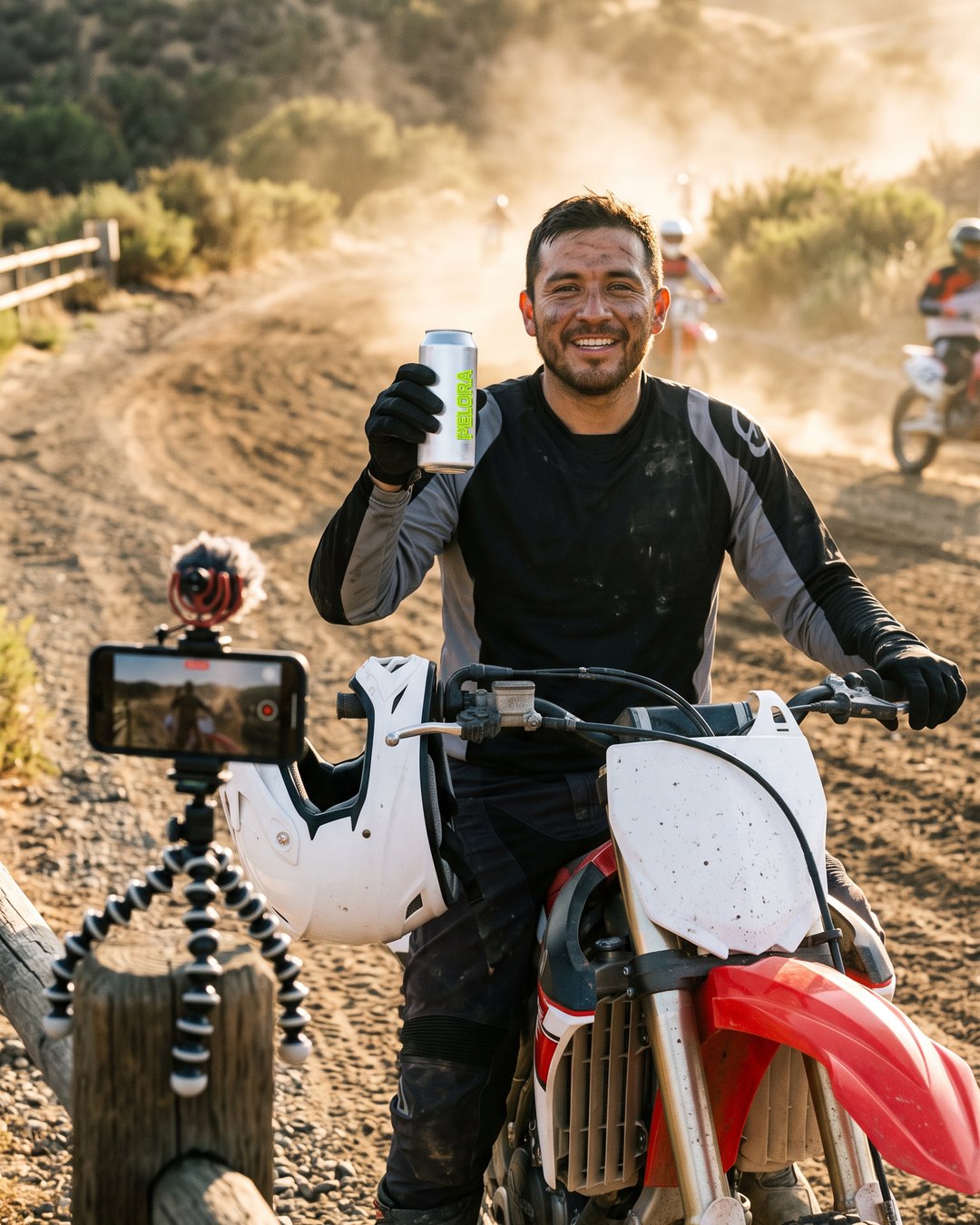 Rider on a dirt bike at a dusty track holding up a can, phone on a fence post filming