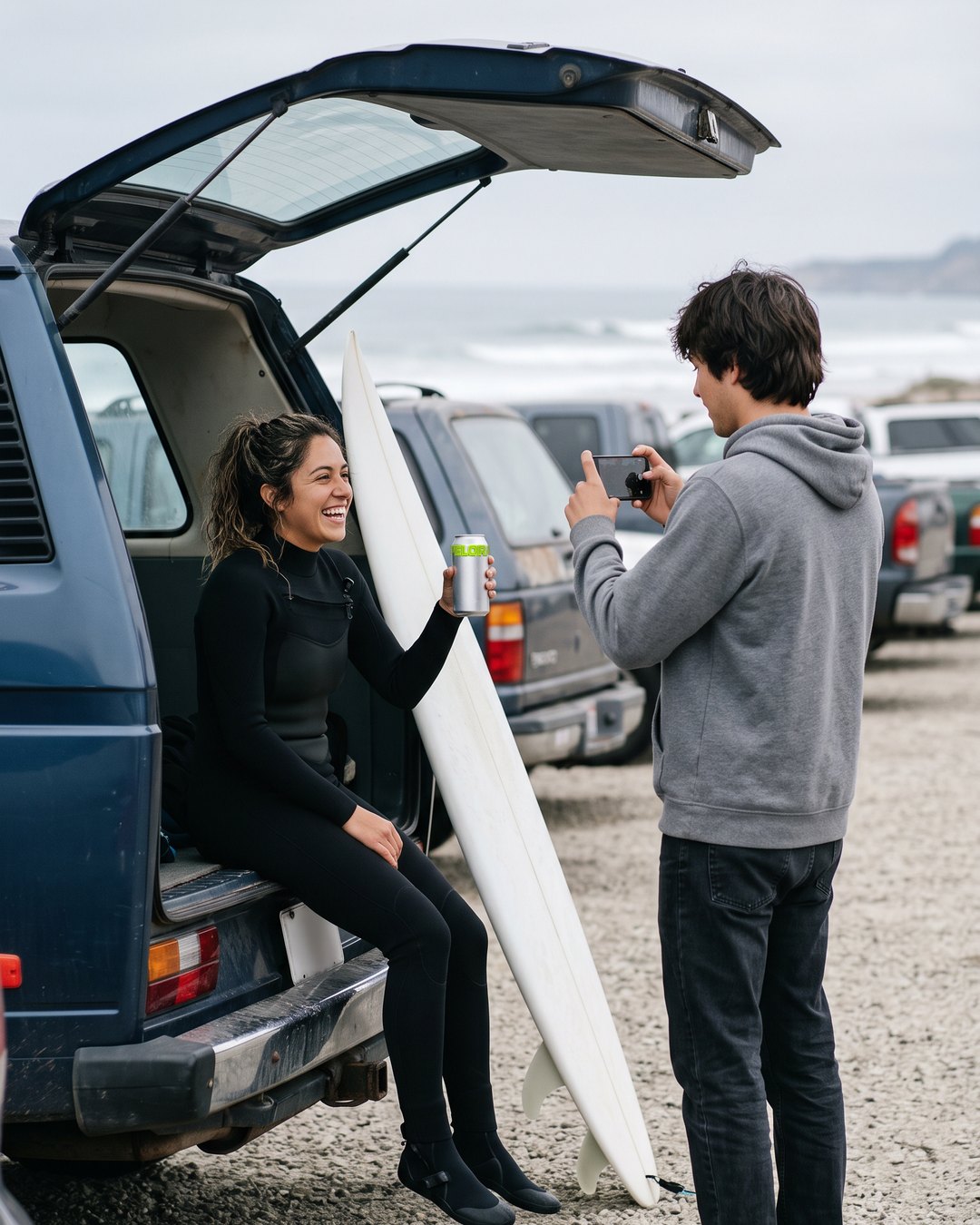 Surfer in a wetsuit on a van tailgate with a can while a friend films handheld