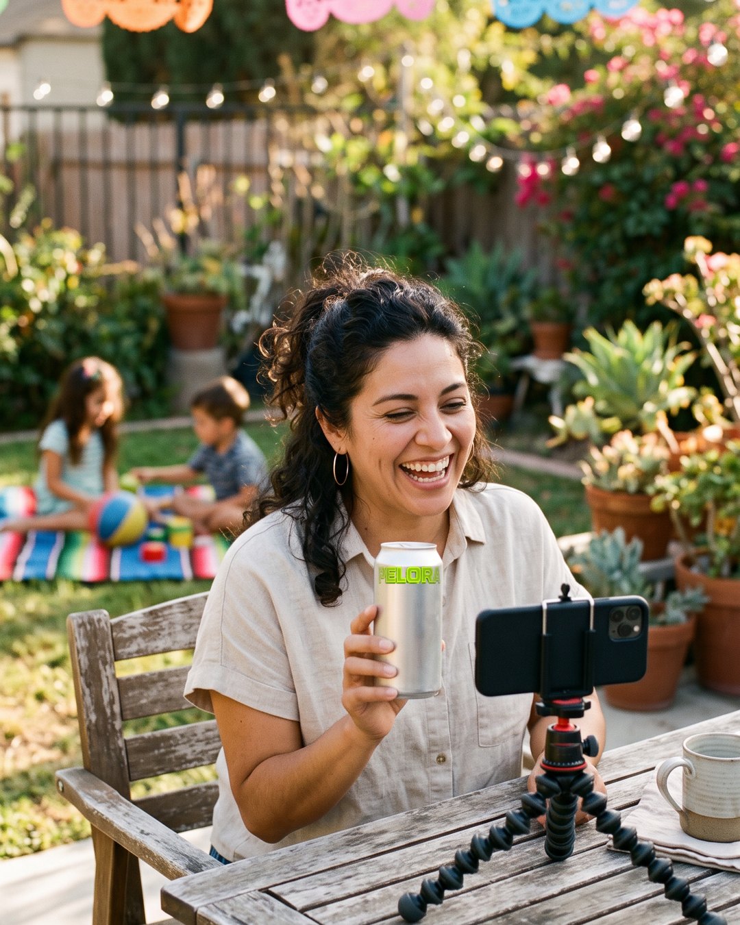 Mother laughing at a backyard table under papel picado, phone on a small tripod, kids playing behind