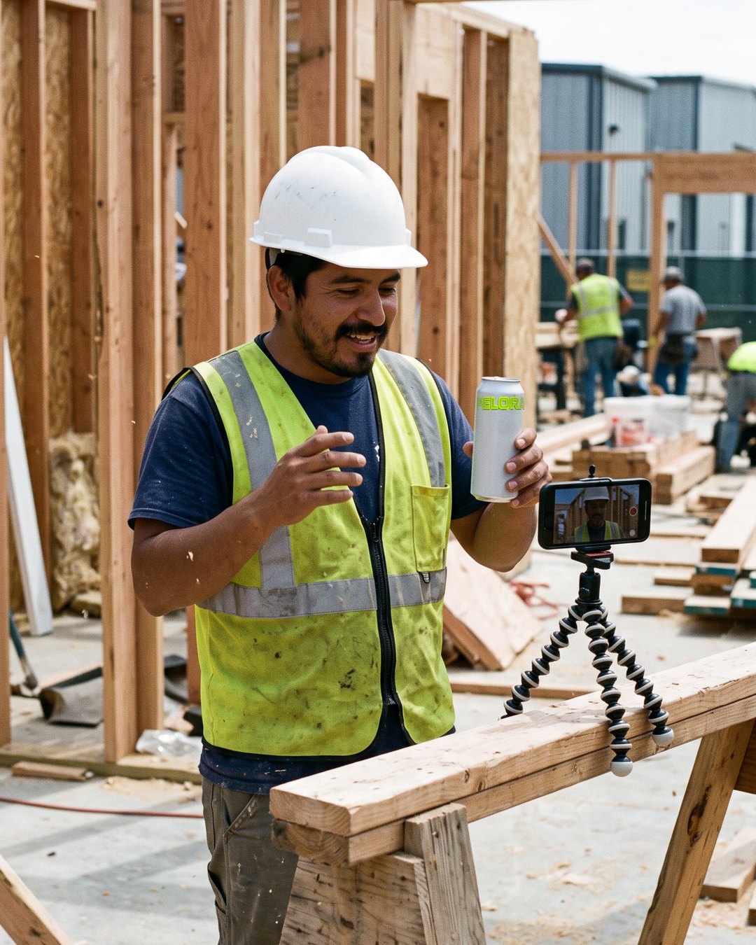 Construction worker in a hi-vis vest on a framing site talking to a phone propped on a sawhorse