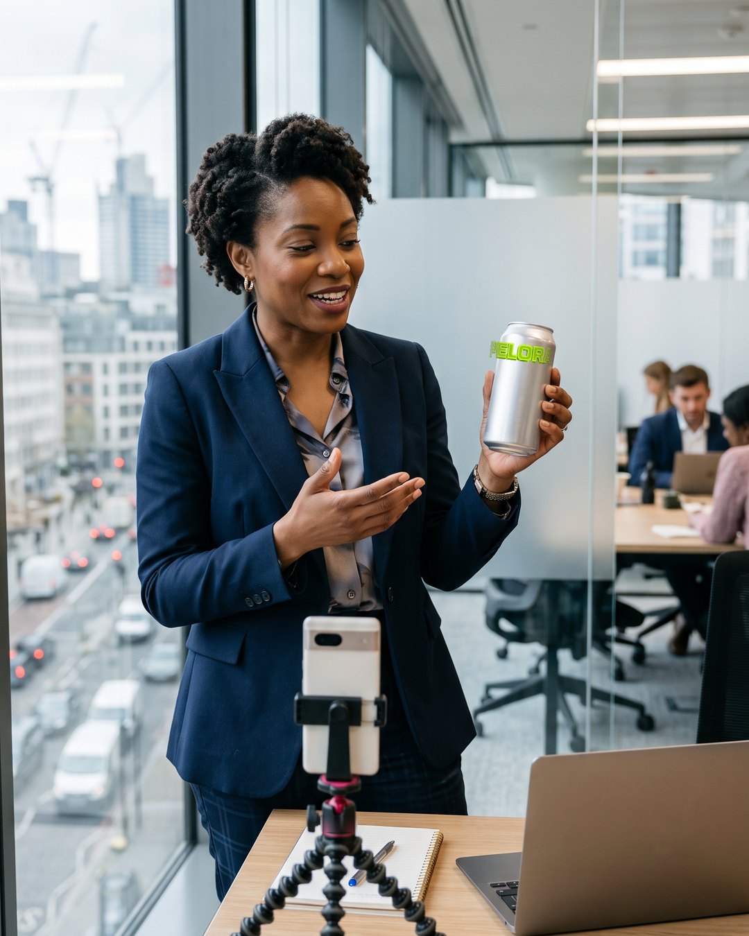 Professional in a blazer by an office window speaking to a phone on a desk tripod