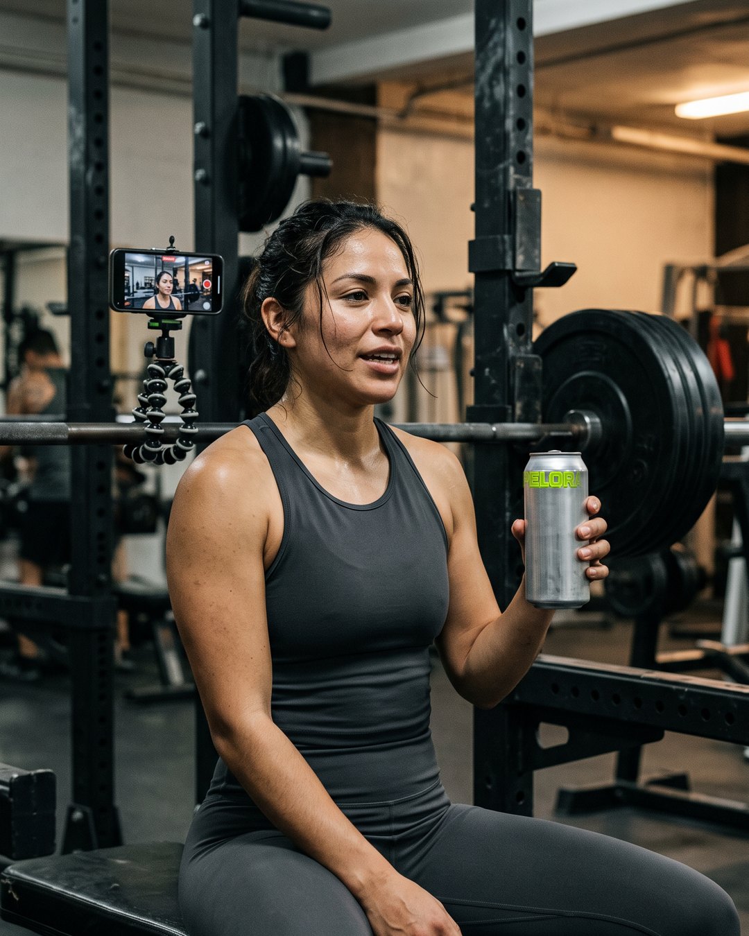 Lifter between sets on a bench, phone clamped to the rack, holding a can