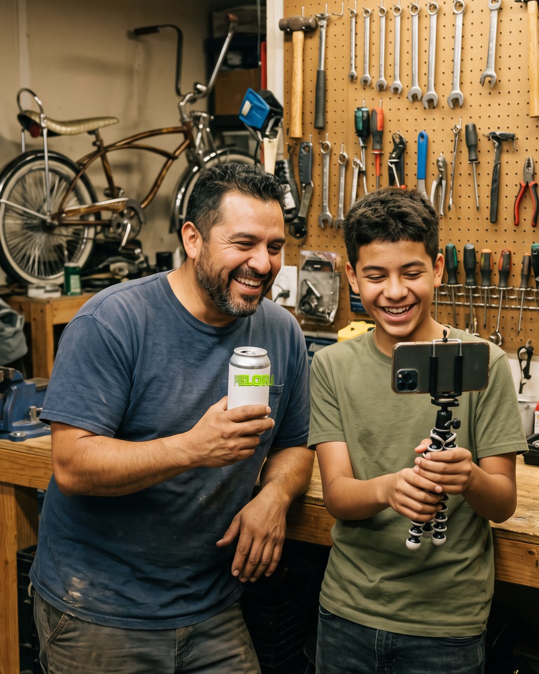 Father and teenage son in a home garage workshop, the son holding the phone, a lowrider bicycle behind them