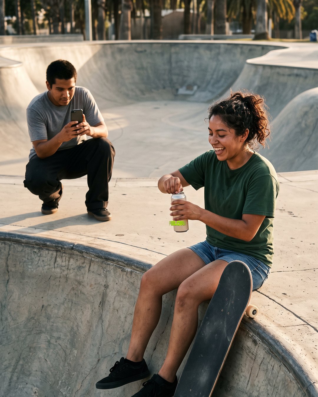 Skater on the coping of a concrete bowl at golden hour opening a can while a friend films