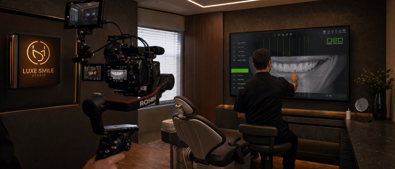 PELORA Marketing cinema video production inside a modern cosmetic dental practice in Newport Beach. Soft lighting, premium aesthetic.
