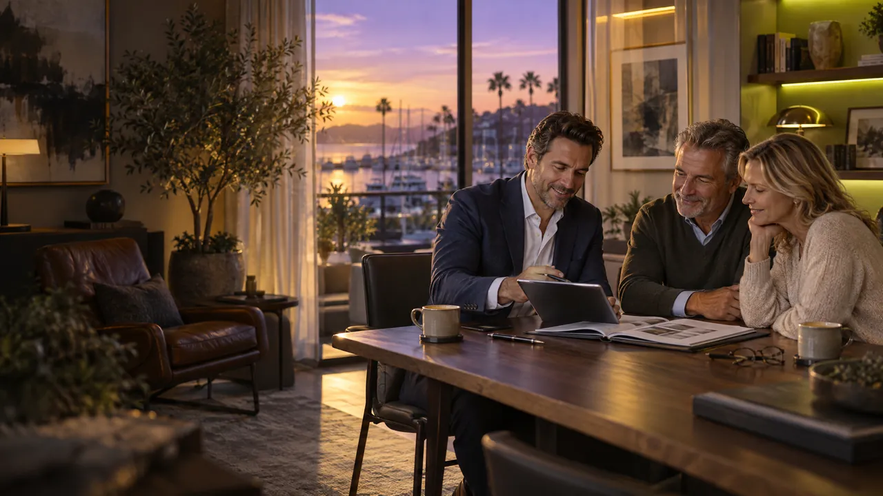 AI-generated illustration: an independent financial advisor reviews a planning binder and a tablet with a couple at a walnut table, with a marina at sunset through the windows.