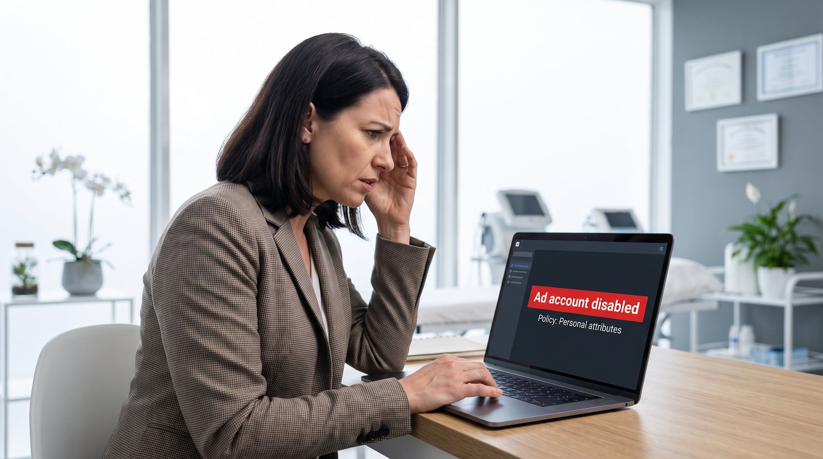 Clinic owner looking at an ads dashboard that reads Ad account disabled, policy personal attributes