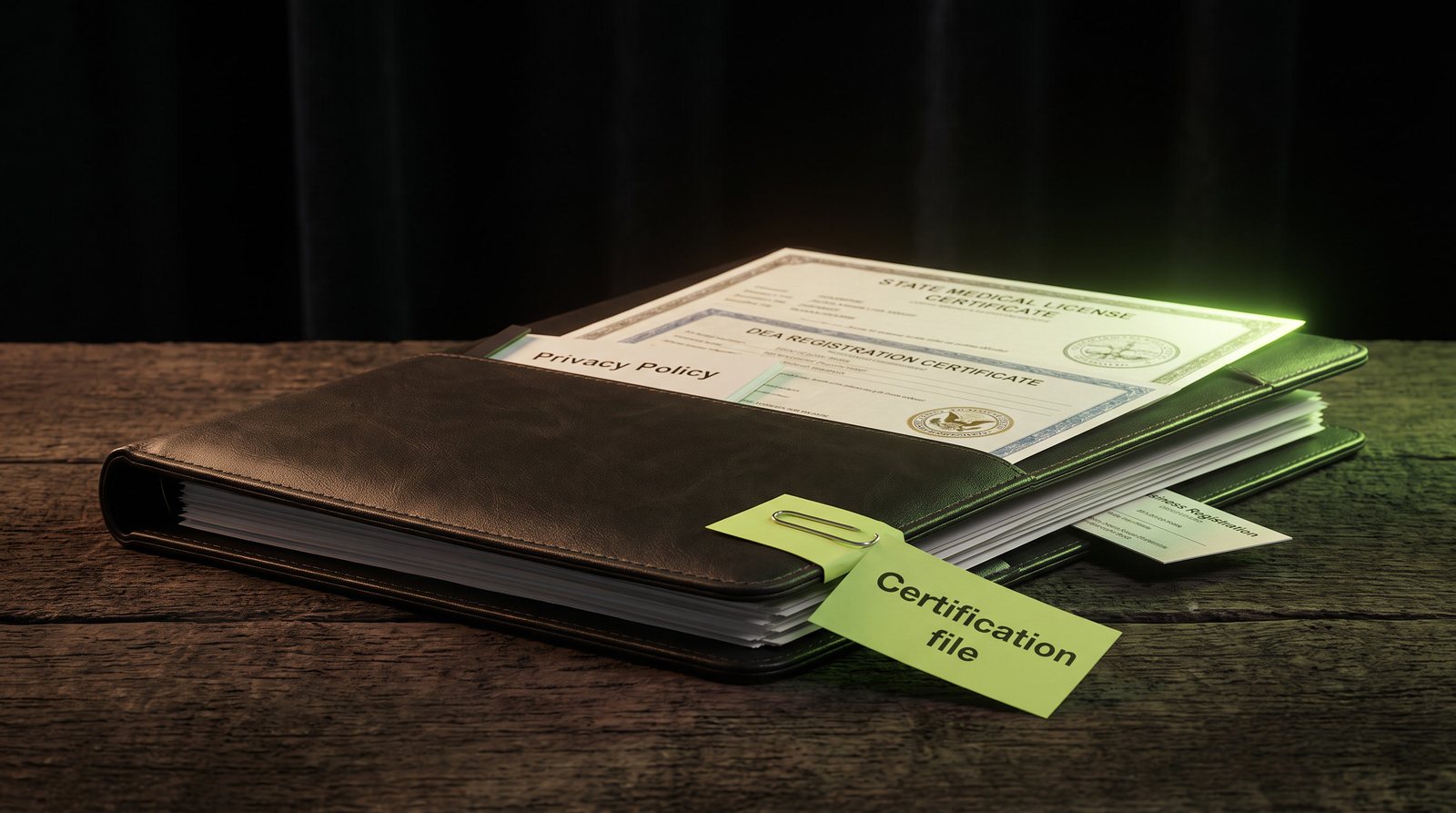 A certification file: licenses, DEA registration and privacy policy binder with a tag reading Certification file