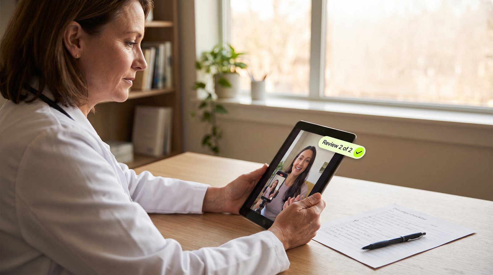 Physician reviewing a creator video on a tablet, second review round, with a printed checklist