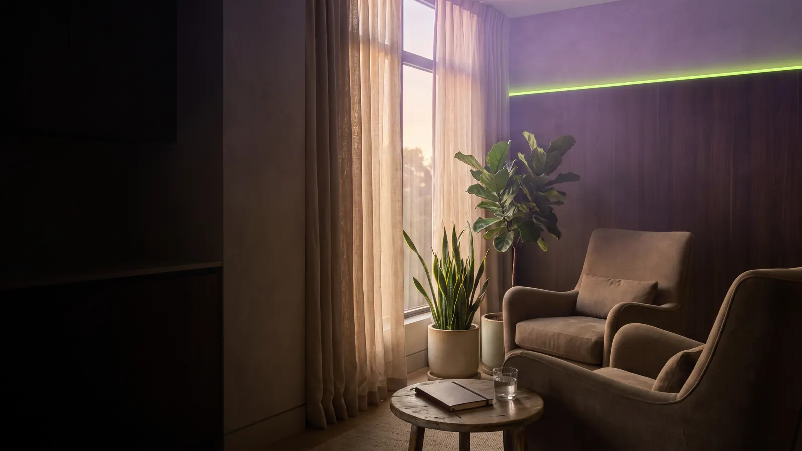 An empty consultation room with two armchairs, plants and evening light, the kind of space where a first visit happens.