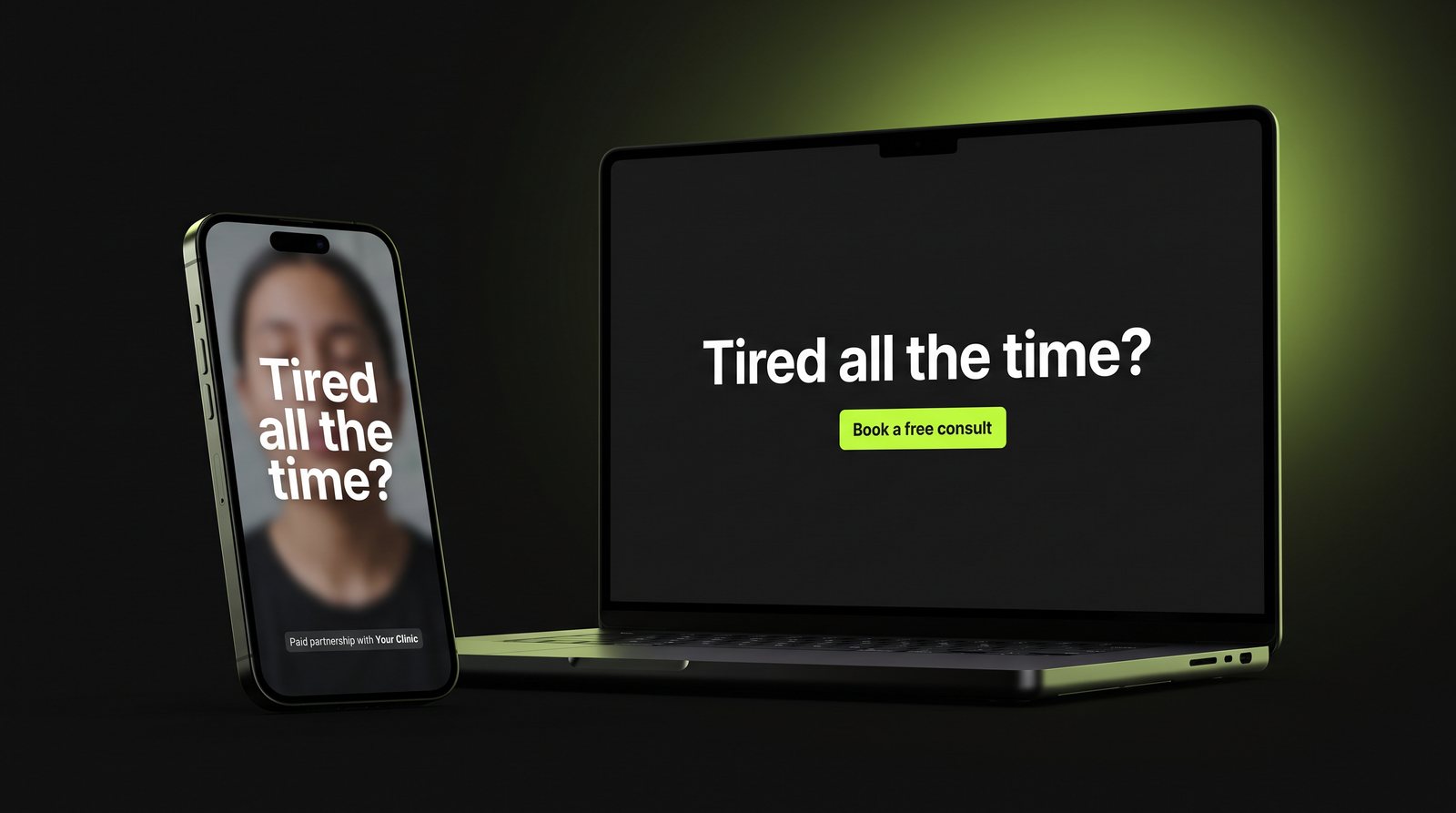 A creator ad on a phone and the matching landing page on a laptop, both with the same headline