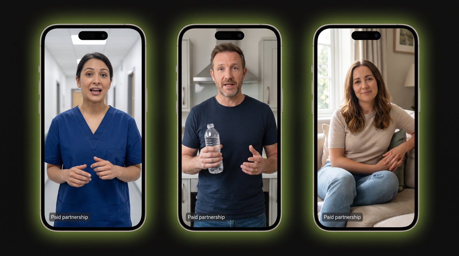 Three creator videos side by side, each labelled Paid partnership