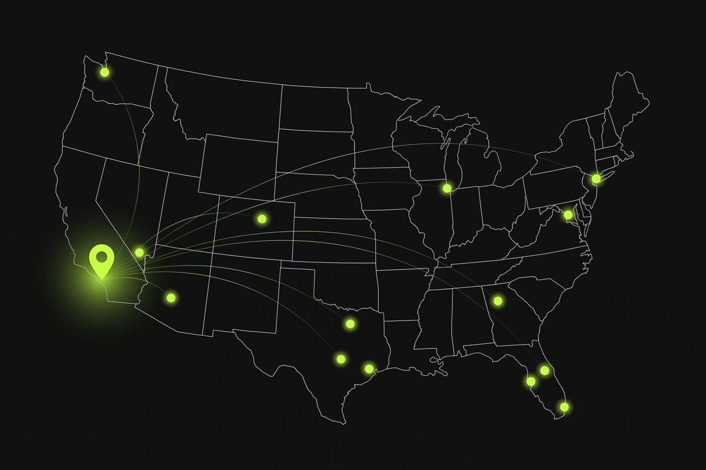 Map of the United States with PELORA's Newport Beach office and client cities across the country