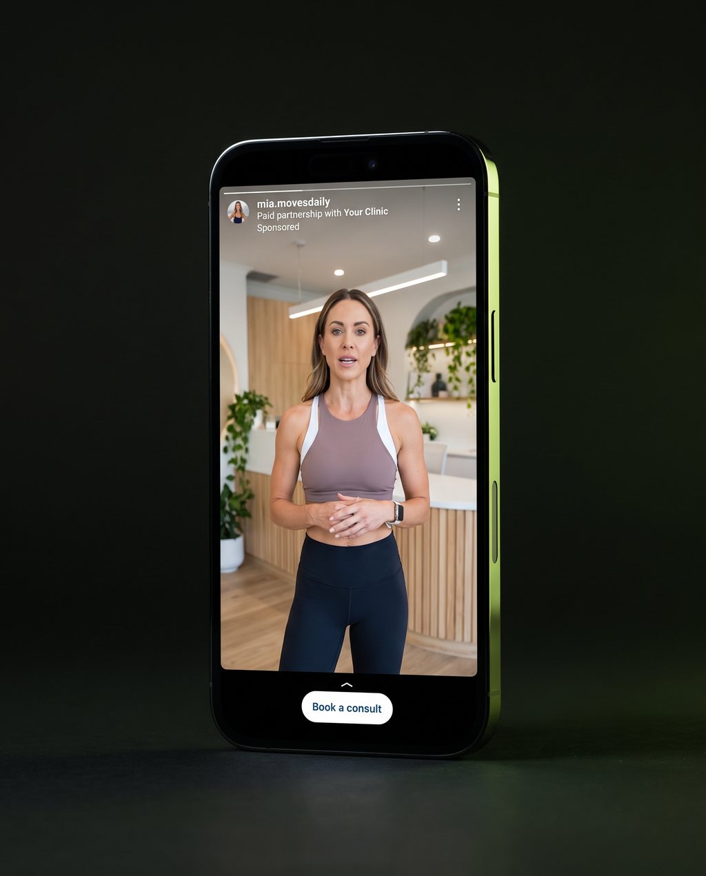 Instagram Reel labelled Paid partnership with Your Clinic, running from the creator's handle