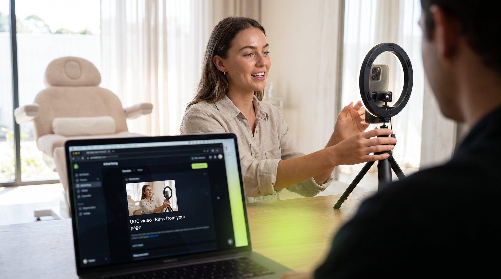 Creator filming a UGC video in a clinic, with the finished ad running from the clinic's own page