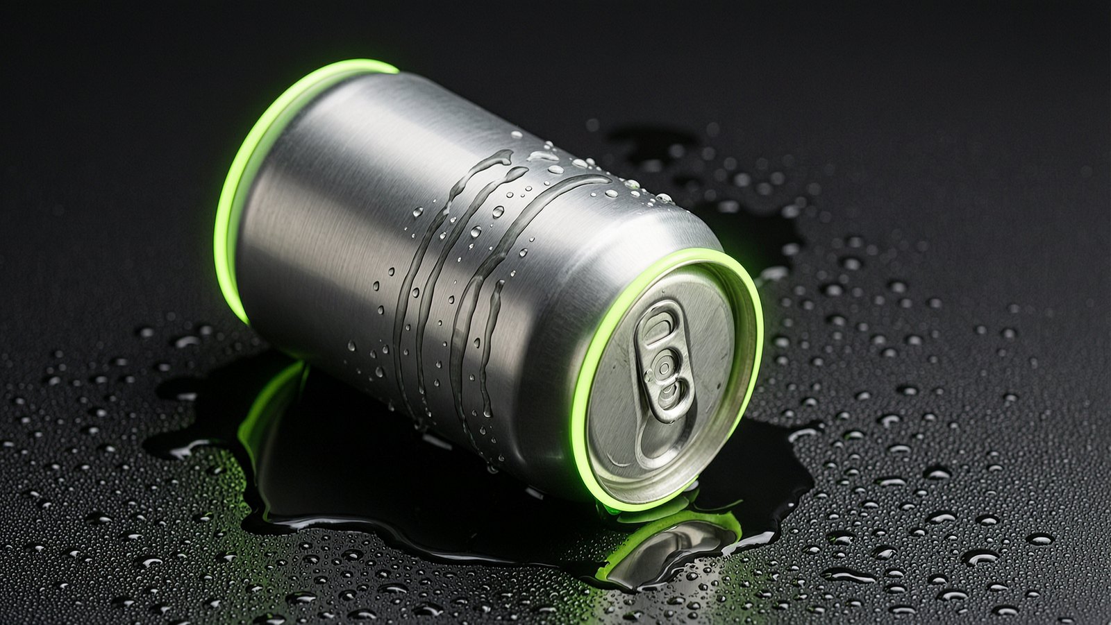 Unlabeled aluminum beverage can lying on a wet dark surface with condensation and a lime rim light, PELORA marketing for energy drink and beverage brands