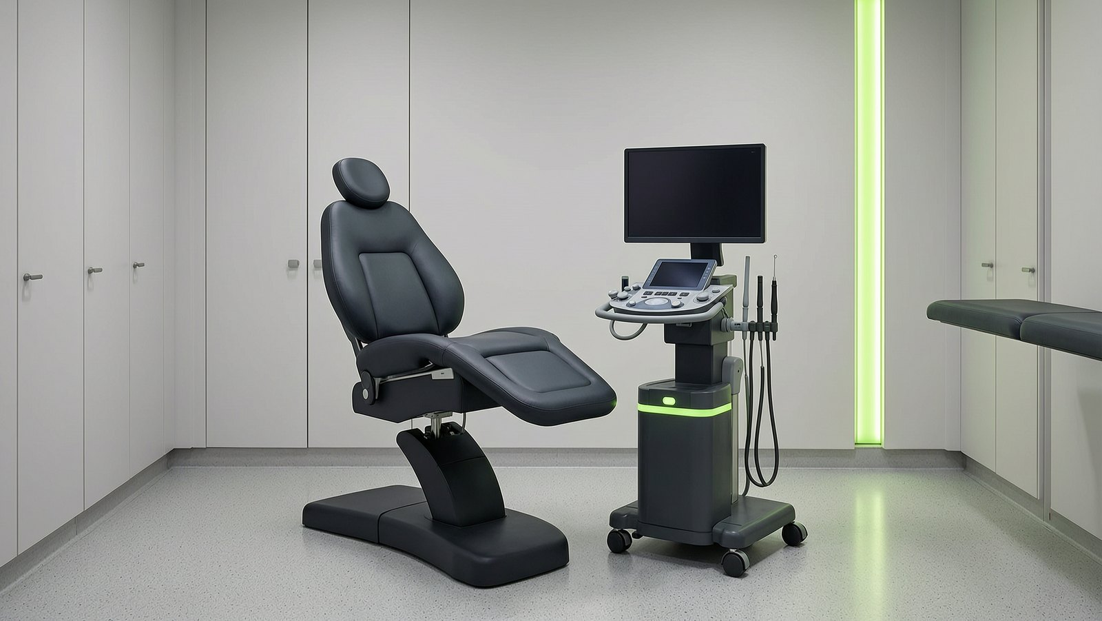 Unoccupied modern treatment room with a reclining treatment chair and a dark monitor, PELORA marketing for regenerative medicine clinics