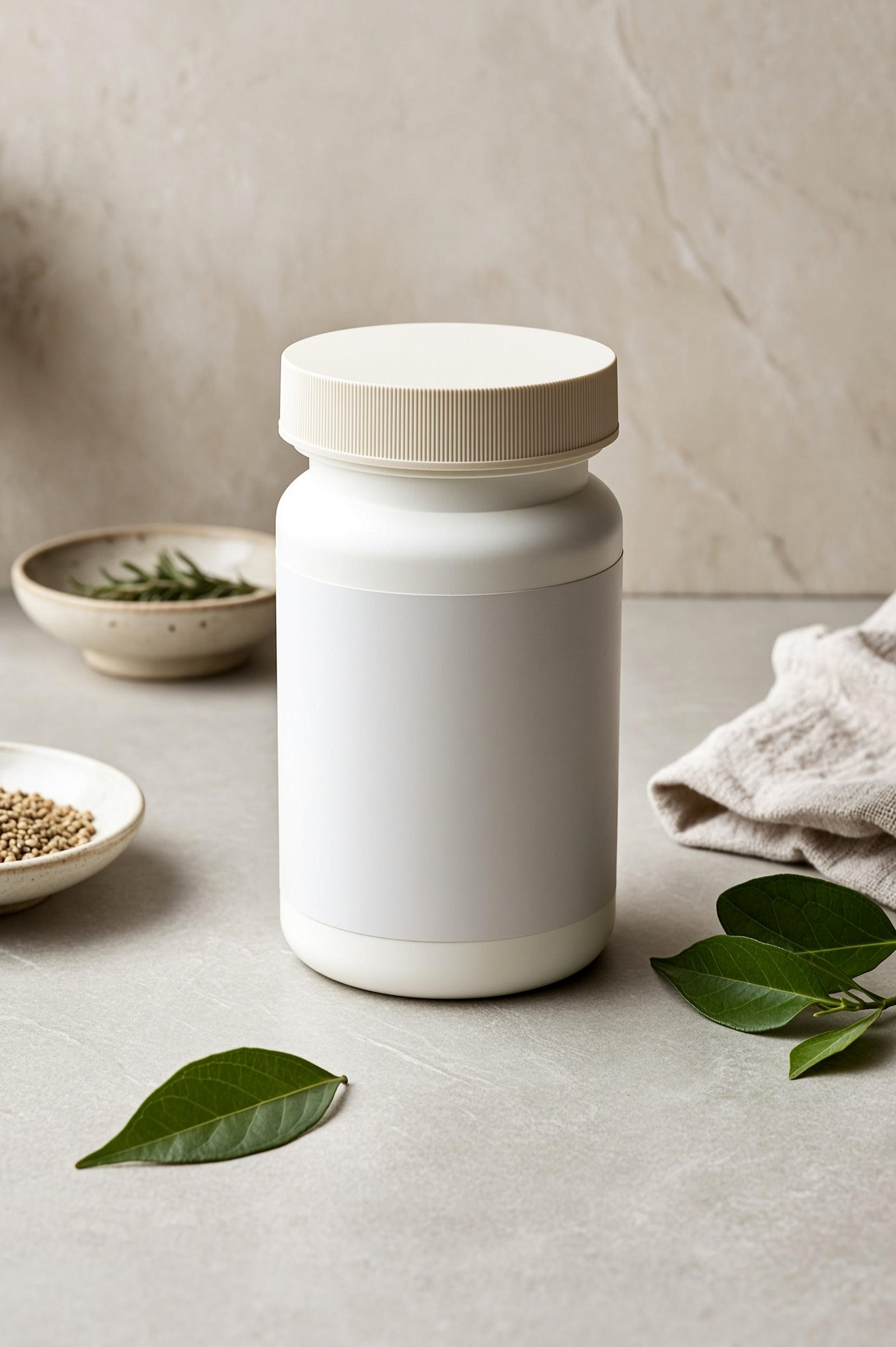 Blank-label white supplement bottle on stone, concept render by PELORA, not a client product