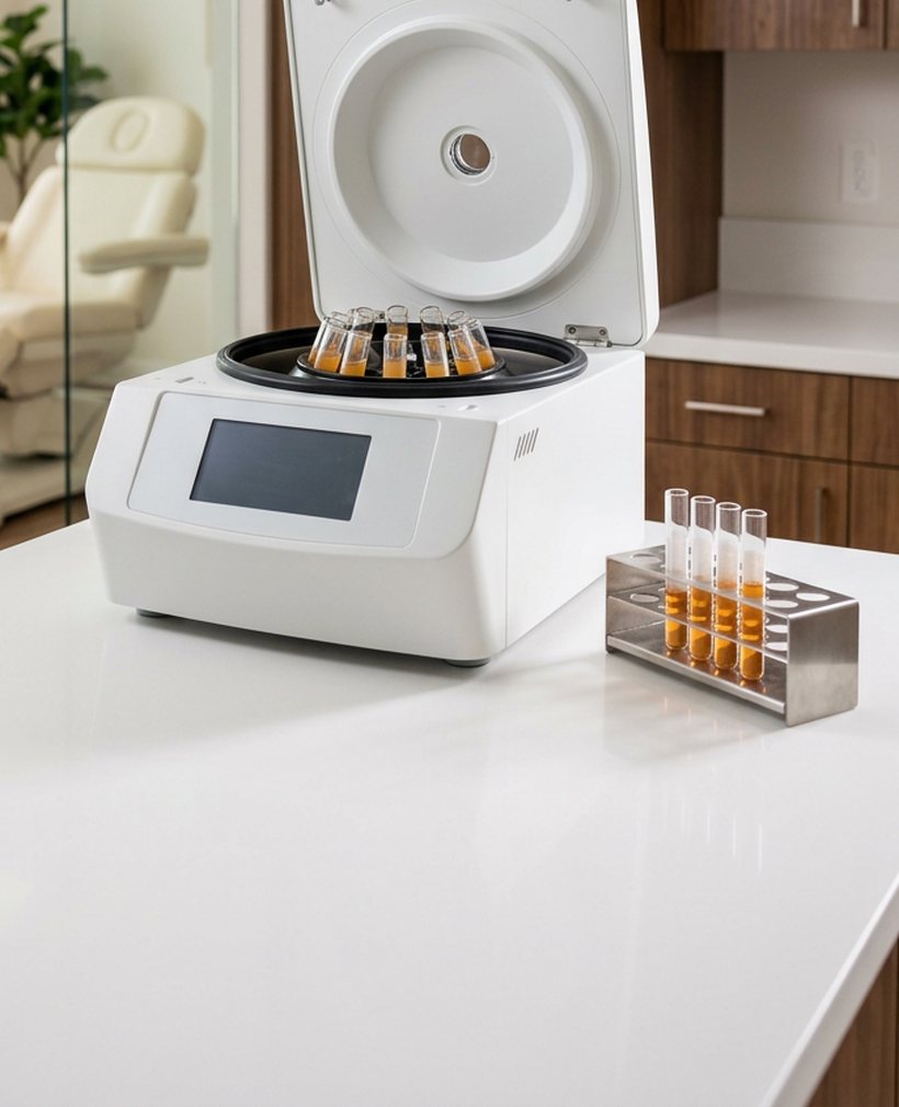 Open centrifuge holding tubes of amber plasma beside a tube rack on a white counter, with a treatment chair behind glass in a modern regenerative medicine clinic, concept image produced by PELORA Marketing