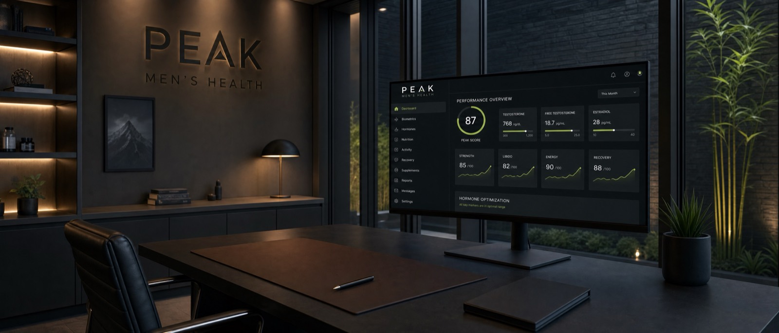 Men's wellness and TRT marketing research and analytics on a screen in a premium minimalist office. PELORA Marketing.