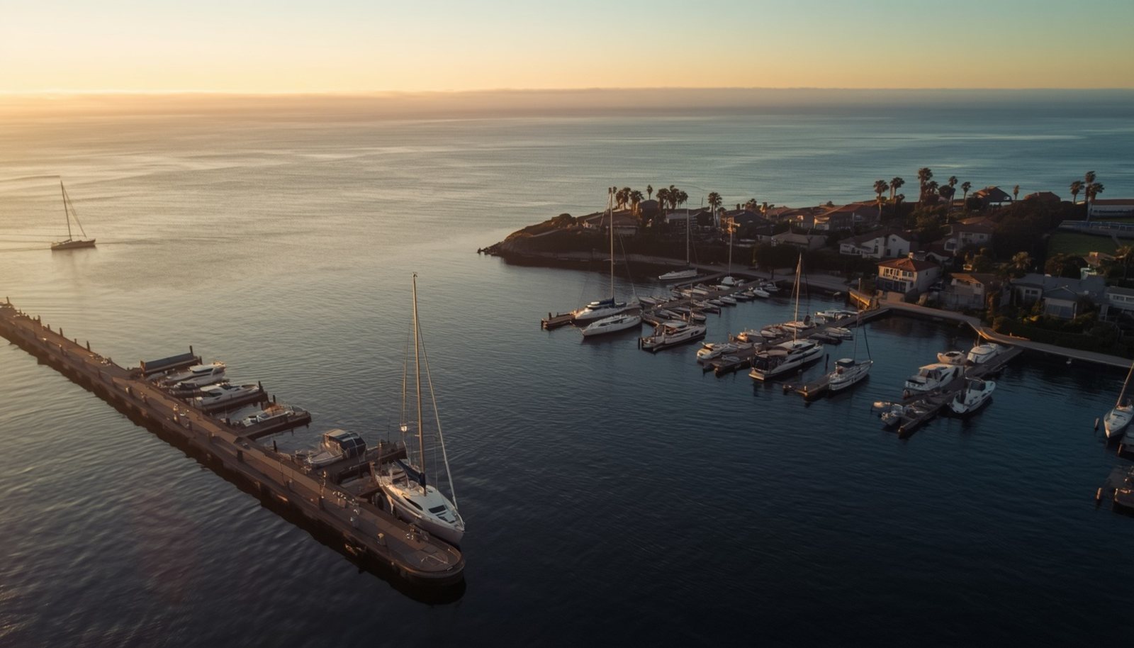 Newport Beach harbor at golden hour with the Balboa Peninsula and Newport Center skyline, home market of PELORA Marketing