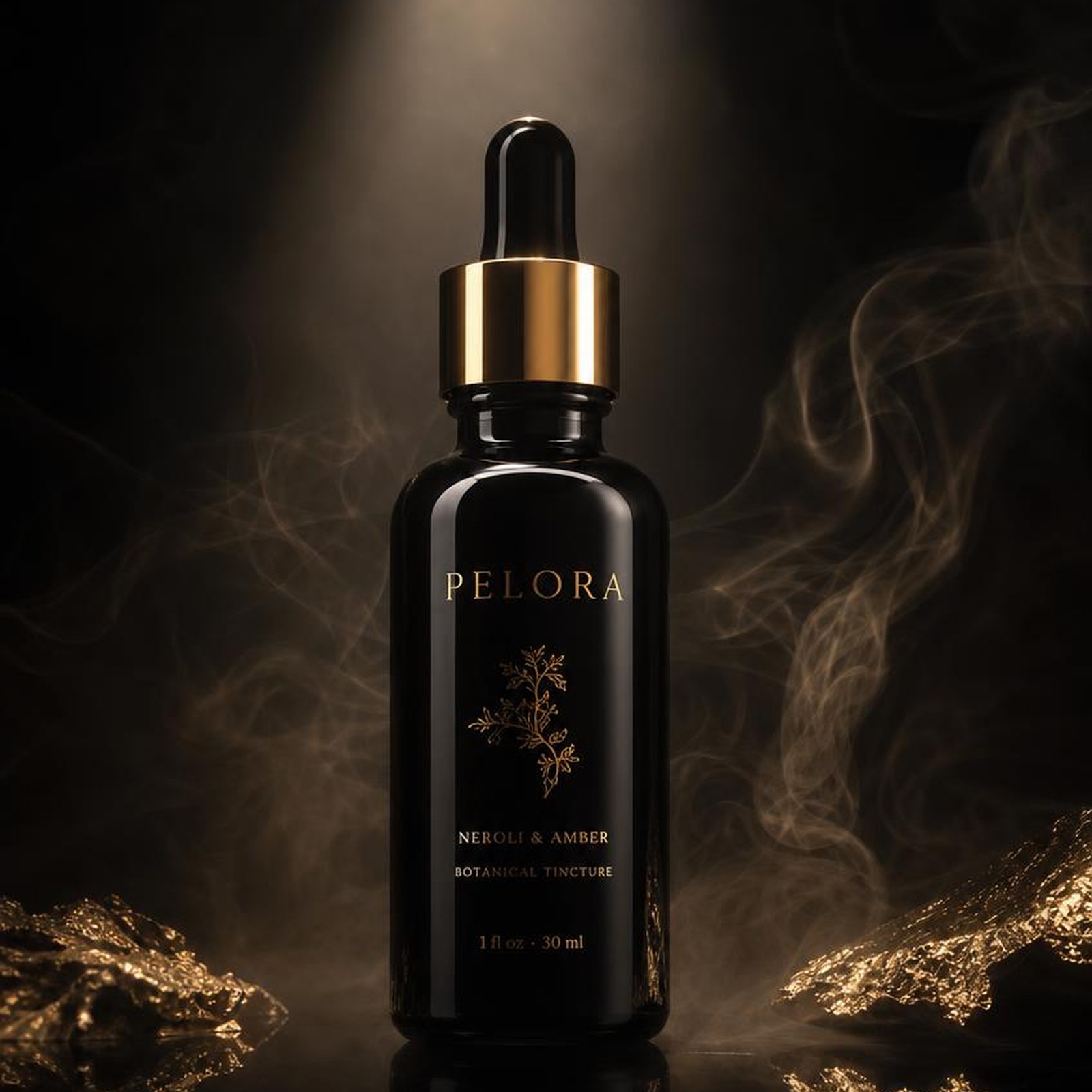 PELORA branded black and gold botanical tincture dropper bottle in gold lit smoke, in house packaging concept produced by PELORA Marketing