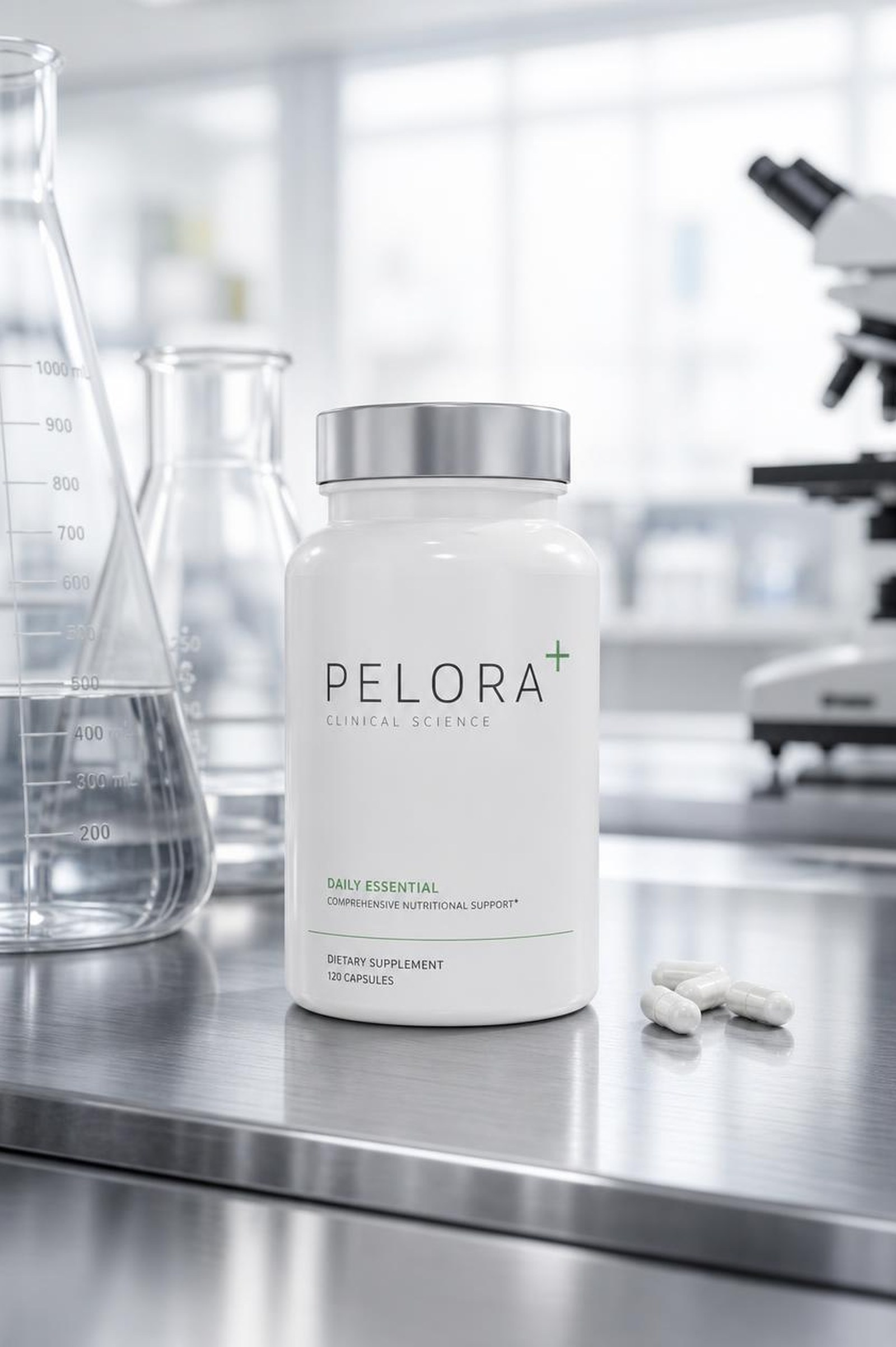 PELORA branded white supplement bottle and capsules on a stainless lab bench, in house packaging concept produced by PELORA Marketing