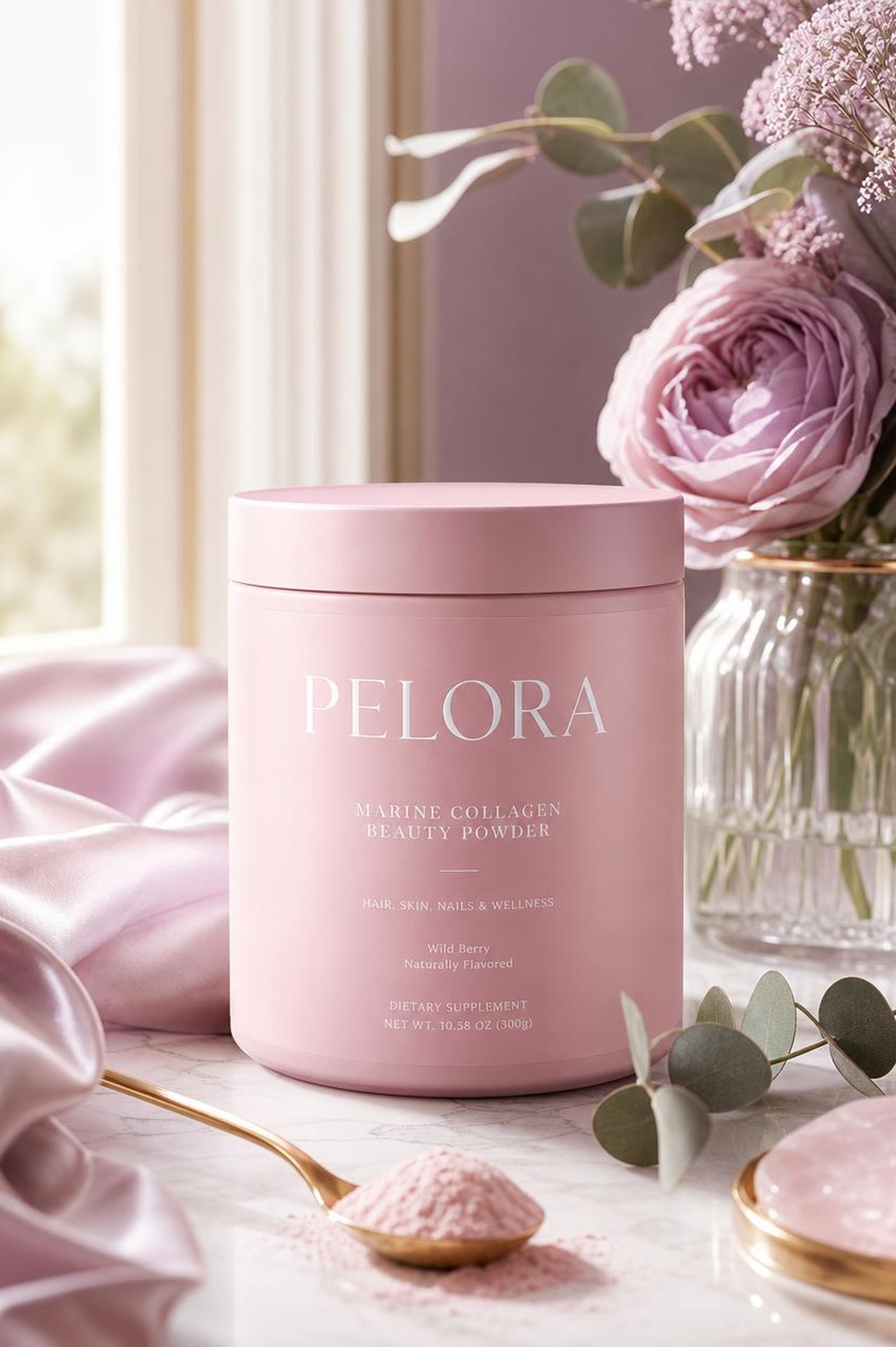 PELORA branded pink marine collagen powder tub with roses and a gold spoon, in house packaging concept produced by PELORA Marketing