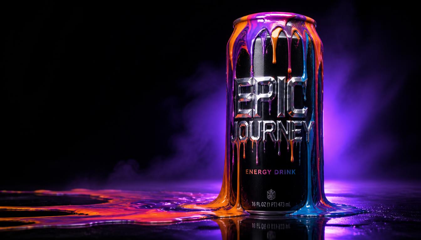 Epic Journey energy drink can with coloured liquid melting down matte black aluminium under purple light, in house brand and product render produced by PELORA Marketing