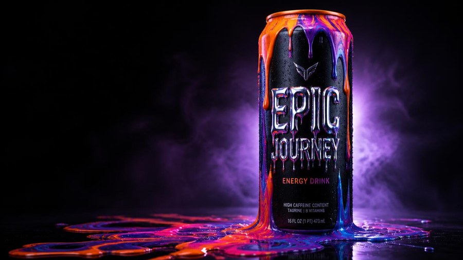 Epic Journey energy drink can with orange, purple and blue liquid melting down matte black aluminium, in house brand and product render produced by PELORA Marketing