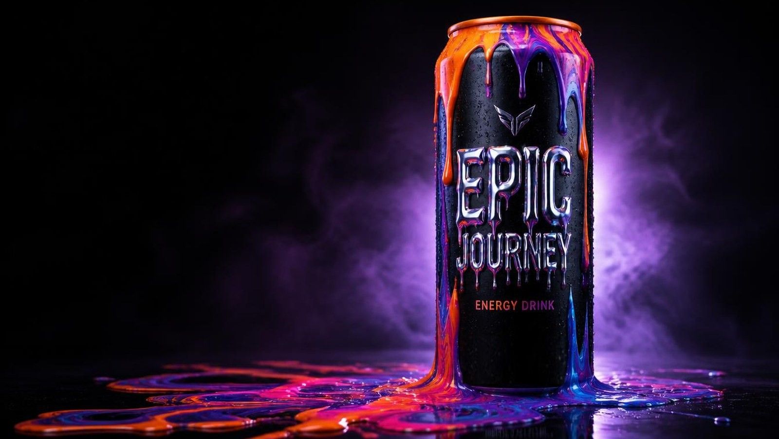 Epic Journey energy drink can with orange, purple and blue liquid melting down matte black aluminum, in house brand and product render produced by PELORA Marketing
