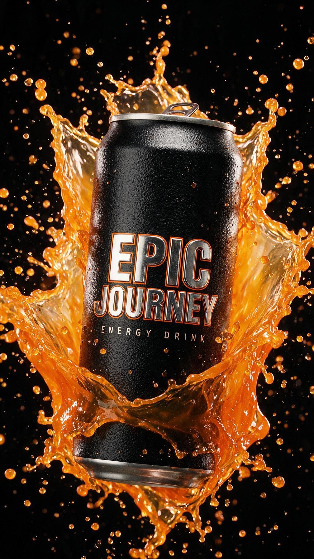 Epic Journey energy drink can suspended in a burst of orange liquid against black, in house brand and product render produced by PELORA Marketing
