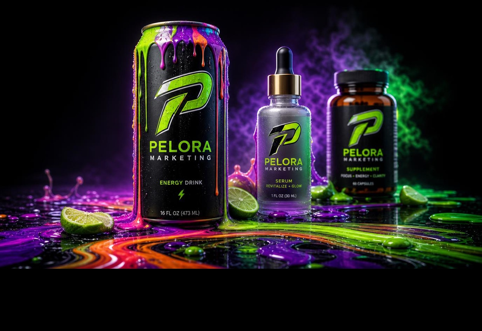 PELORA branded energy drink can, serum dropper and supplement bottle on a neon green, purple and orange liquid surface, in house packaging concept produced by PELORA Marketing