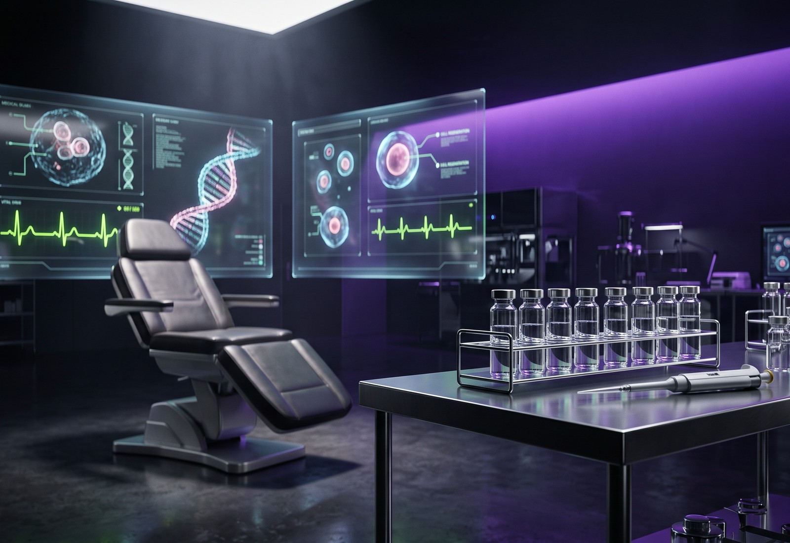 Modern regenerative medicine treatment suite and lab bench, glass vials in a steel rack beside a treatment chair, with holographic DNA, cell and vital sign displays glowing green and purple, concept render produced by PELORA Marketing