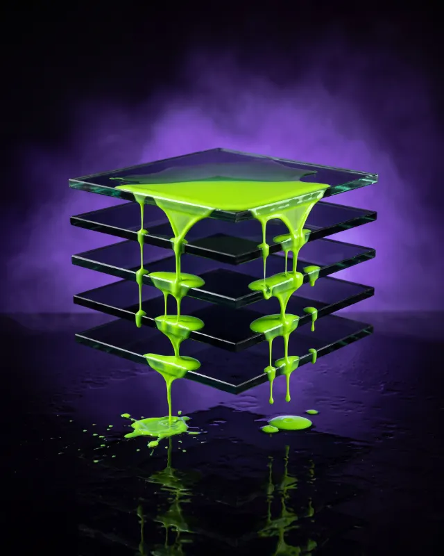 Concept render: glowing green paint pouring down through five floating panes of dark glass in violet haze.