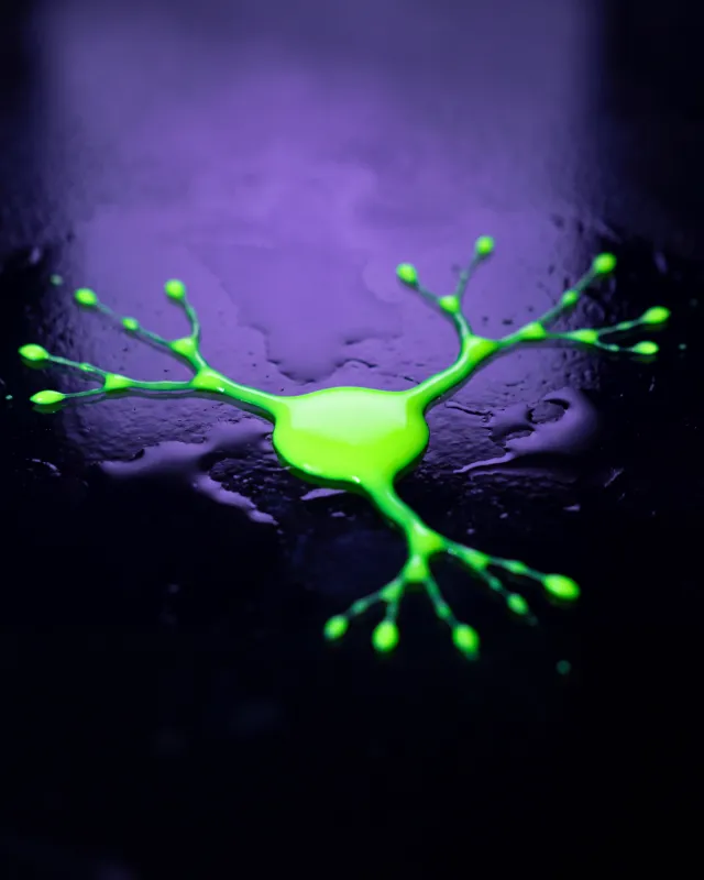 Concept render: glowing green liquid branching from one pool into many paths on wet black glass, like a mind map.
