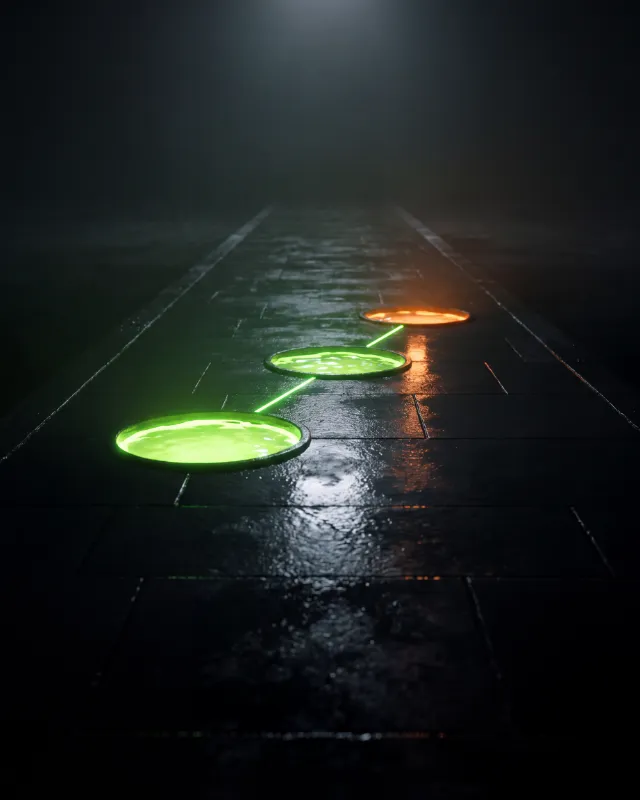 Concept render: three pools of light in a line across a wet stone floor, two green and the last ember orange.