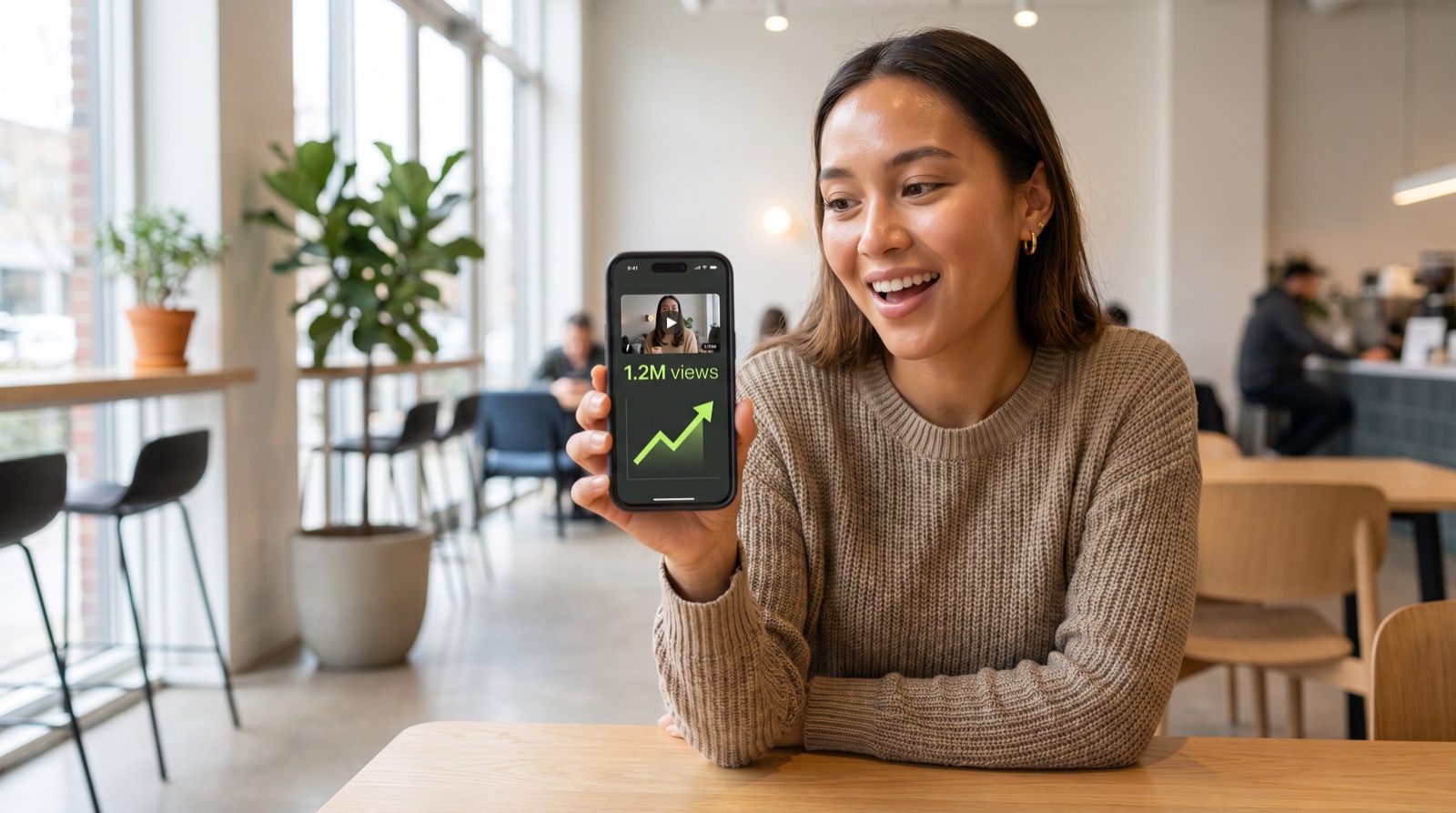 Person holding a phone showing 1.2 million views