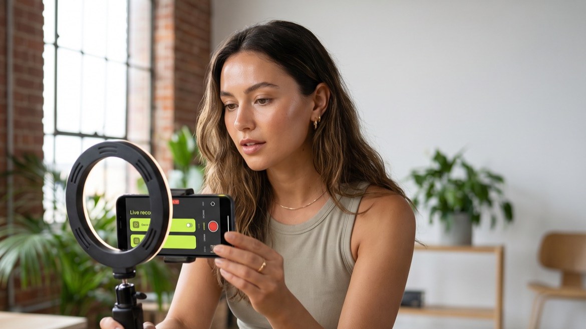 Content creator filming short-form video with a ring light, cropped so no view counts are in frame