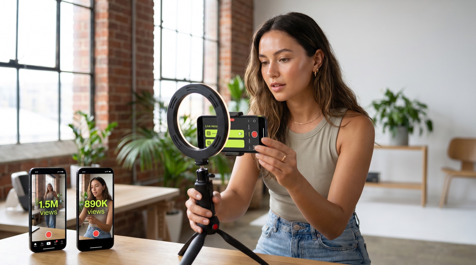 Content creator filming short-form video with a ring light