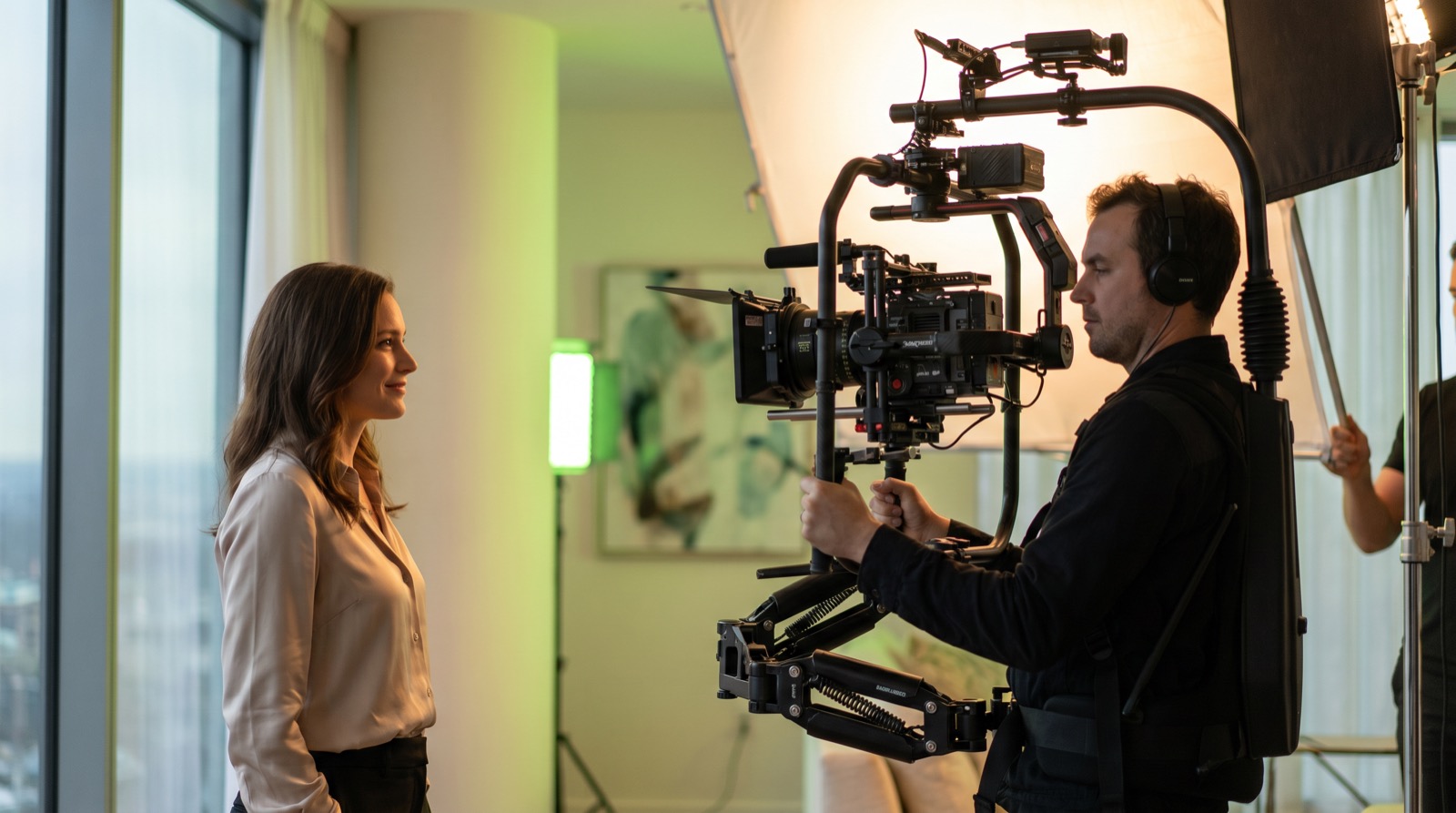 Cinema camera filming a client on location