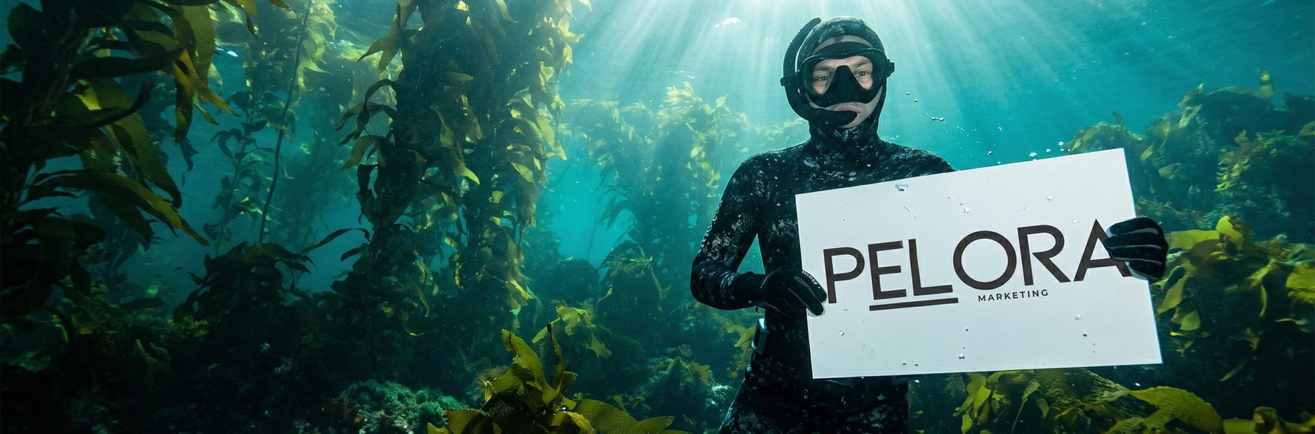 Preston Durnford freediving in a kelp forest holding the PELORA Marketing brand panel — Newport Beach, CA