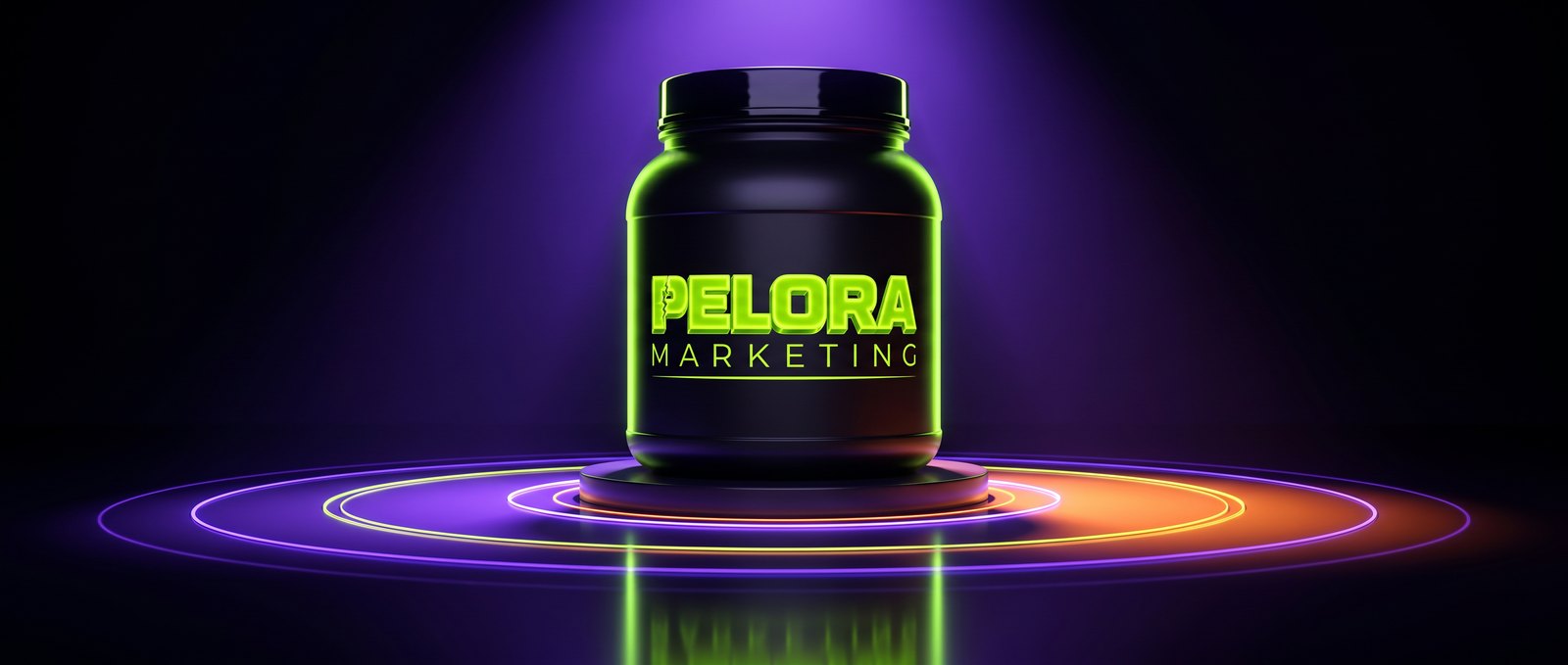 Concept PELORA Marketing supplement jar on a ringed plinth, lit in the brand's electric violet, green and orange