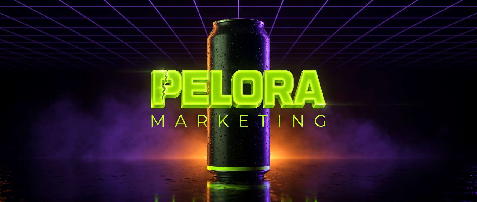 Concept PELORA Marketing energy drink can, lit in the brand's electric green, violet and orange against a dark grid