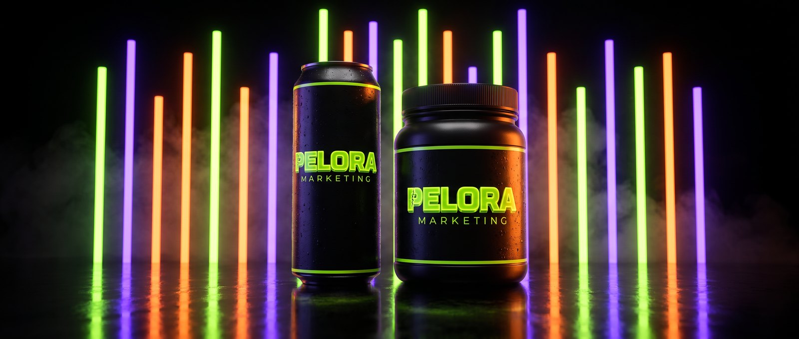 Concept PELORA Marketing can and supplement jar before a skyline of light bars in the brand's electric green, violet and orange
