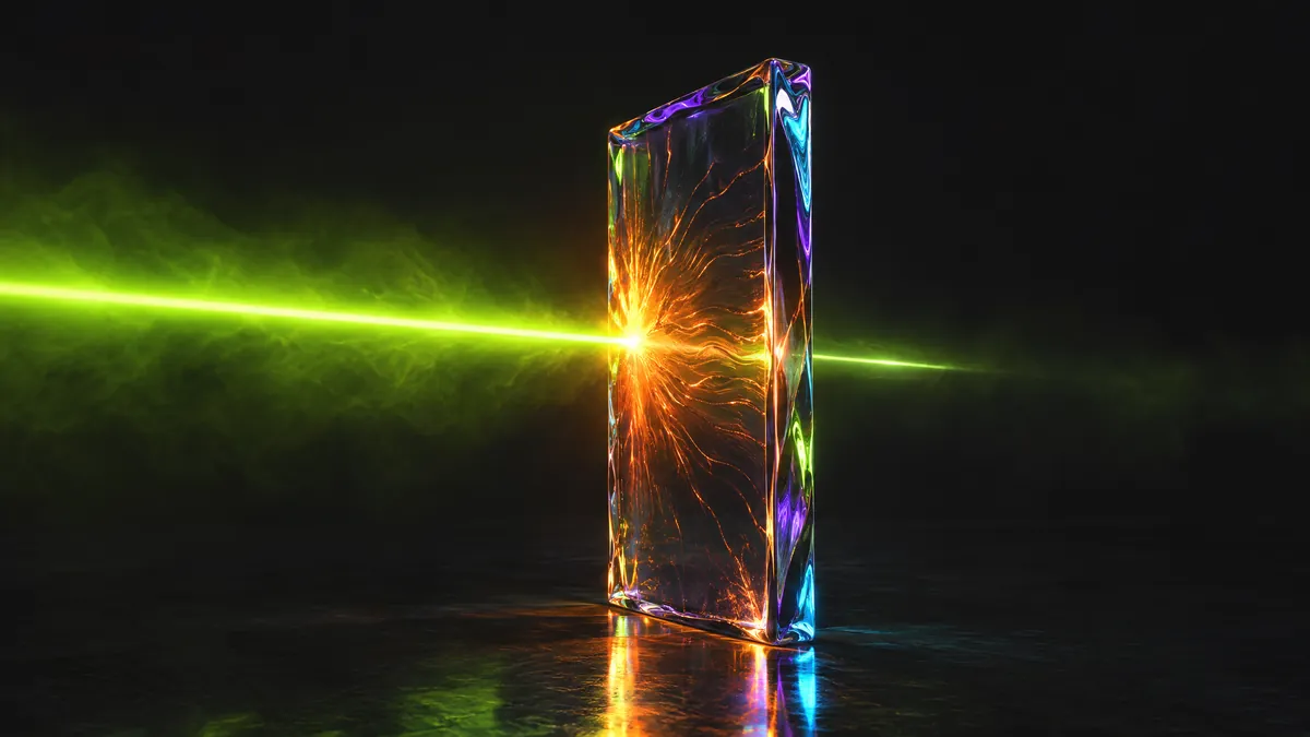 A beam of green light stopped at a pane of glass, which glows orange where it hits