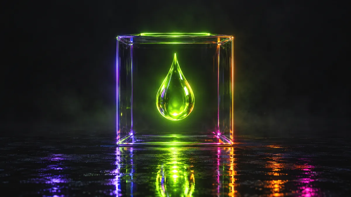 Abstract neon cube holding a single glowing green droplet